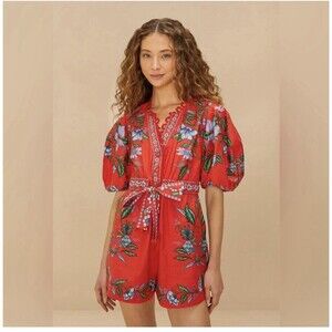 Farm Rio Sweet Bloom Bouquet Puff-Sleeve Romper Size Large. NWT
